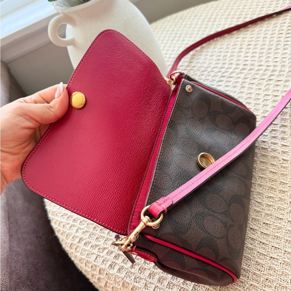 Coach Signature Canvas Crossbody with Red Flap and Brown Body - Picture 7 of 11